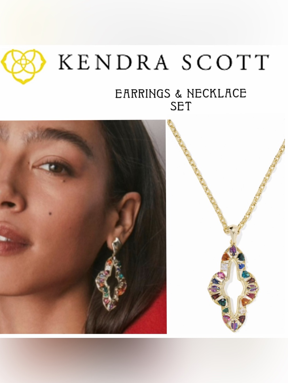 NWT Kendra Scott, Abbie Gold Crystal Multicolor Earrings & Matching Necklace